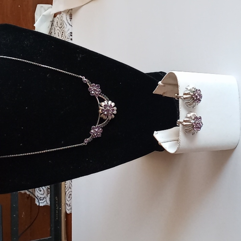 Vintage Star Art floral sterling silver Necklace and Screw Back Earring Set